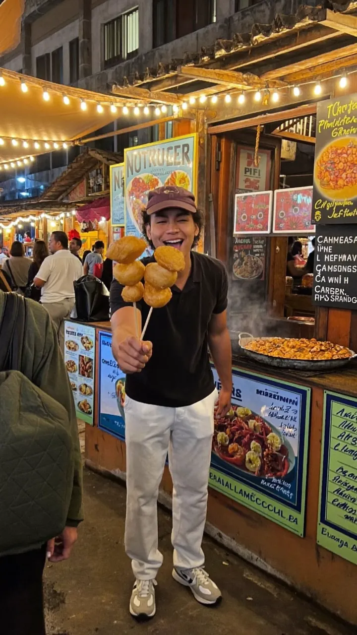 Creator reviewing anticuchos at a night market