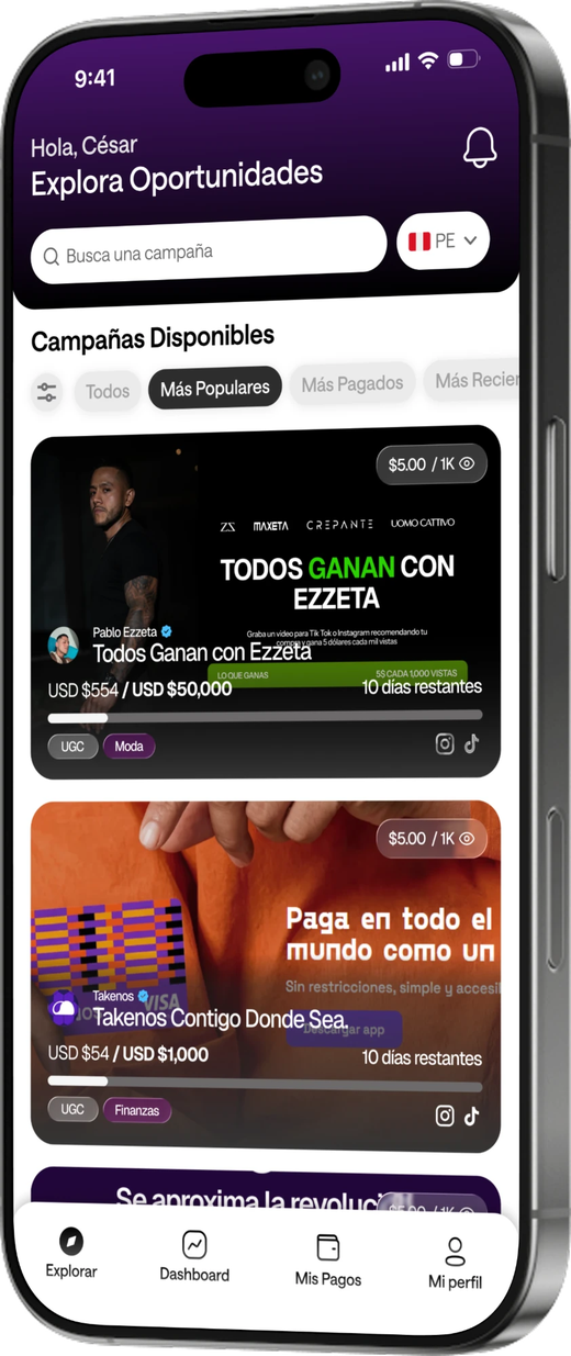 App de Inklop: explora campañas disponibles con presupuesto y pago por mil vistas