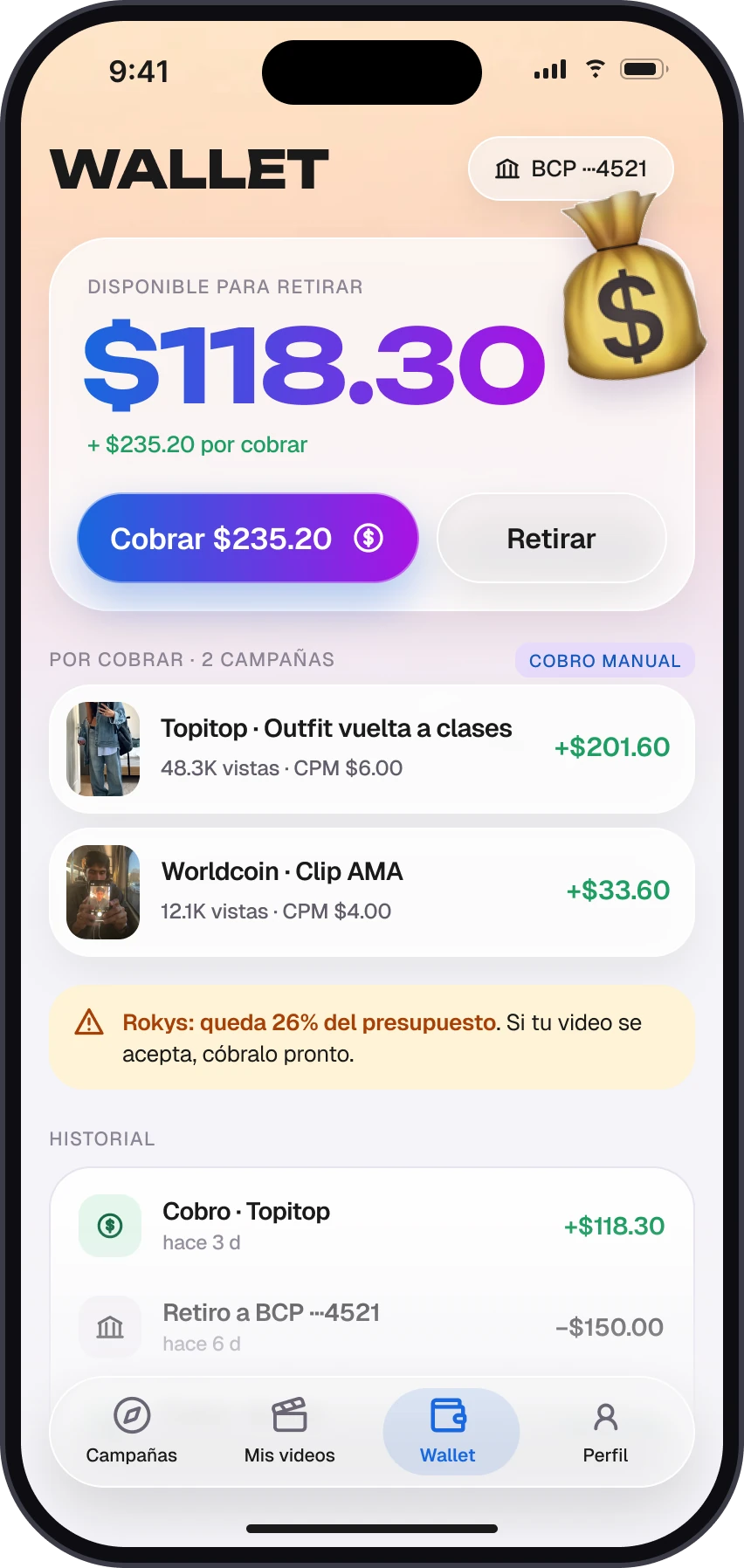 The wallet with the available balance and the payout history