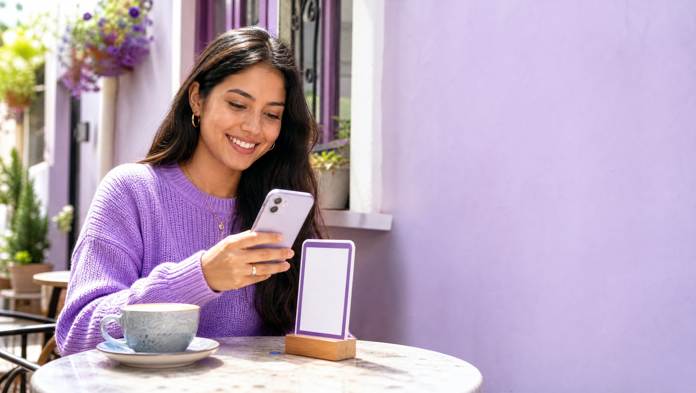 Customer scanning the QR sign on a café table with her phone