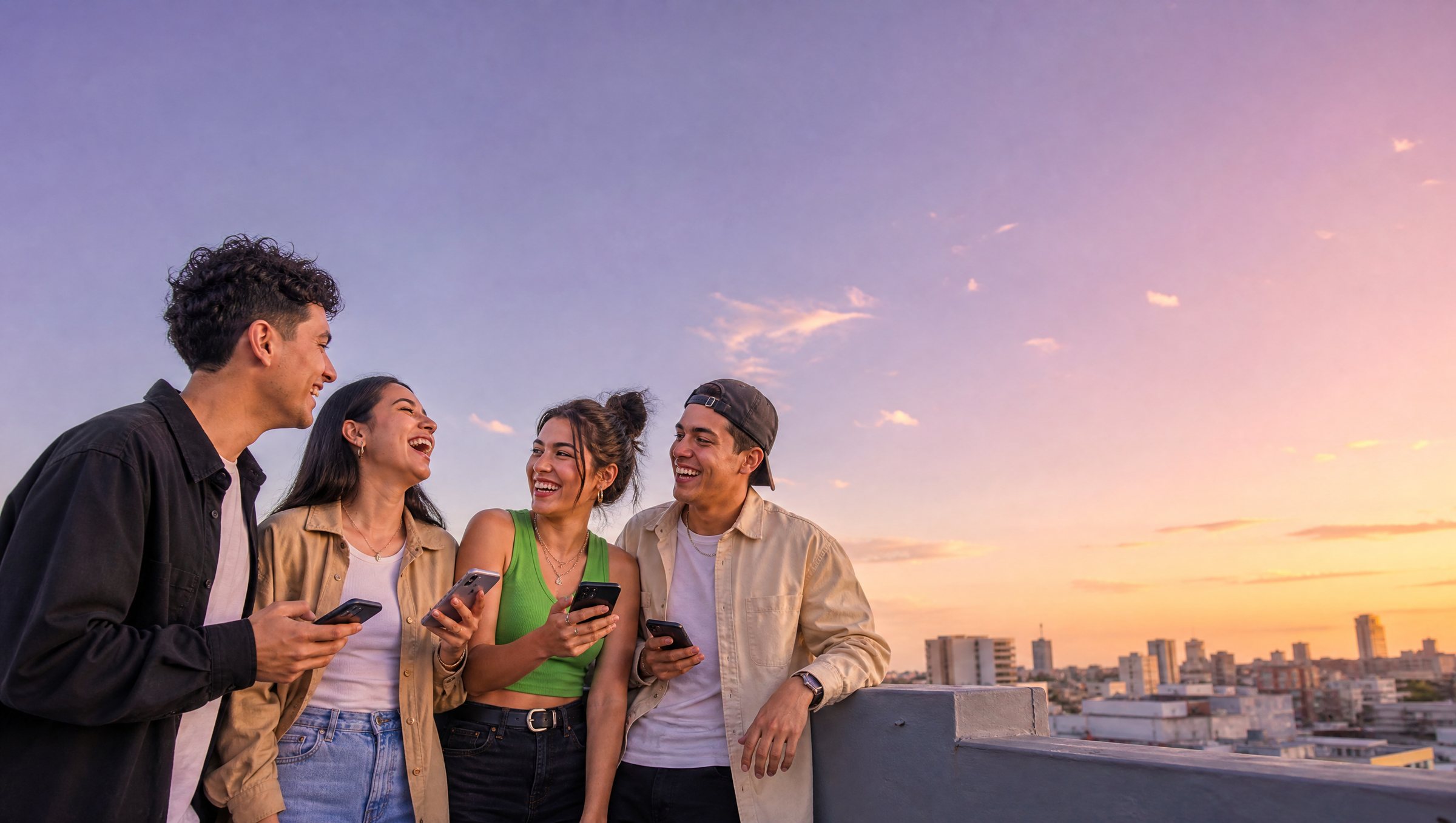 Four creators laughing on a rooftop at sunset, each holding a phone
