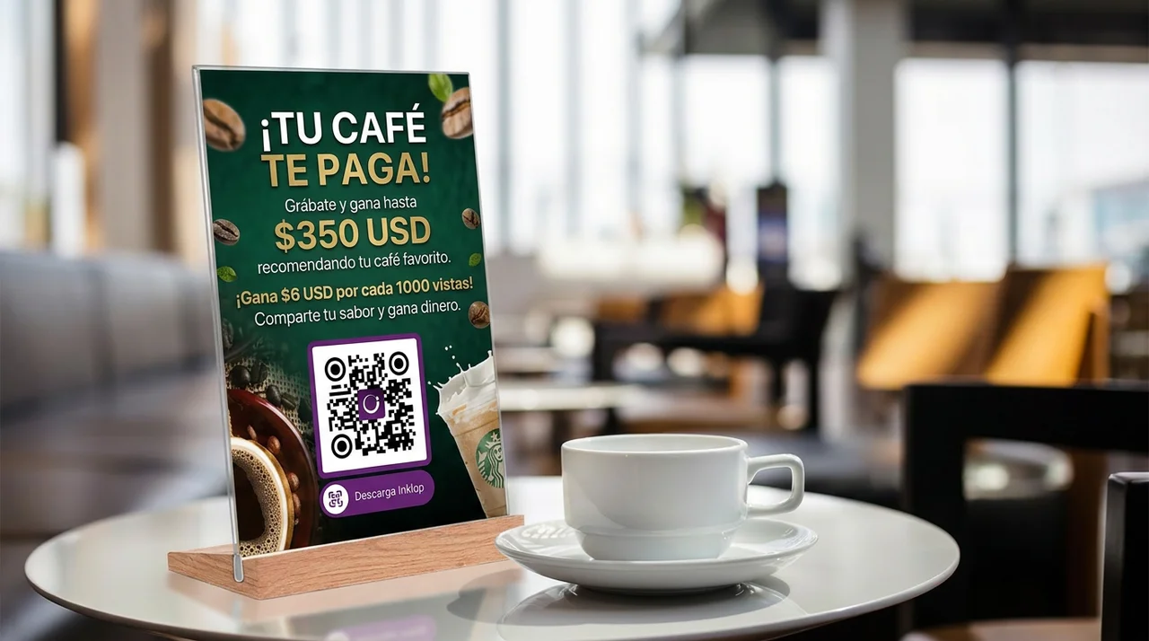 Inklop table sign in a coffee shop: Your coffee pays you. Film yourself and earn up to $350 USD recommending your favorite coffee shop, with a QR code to get the app