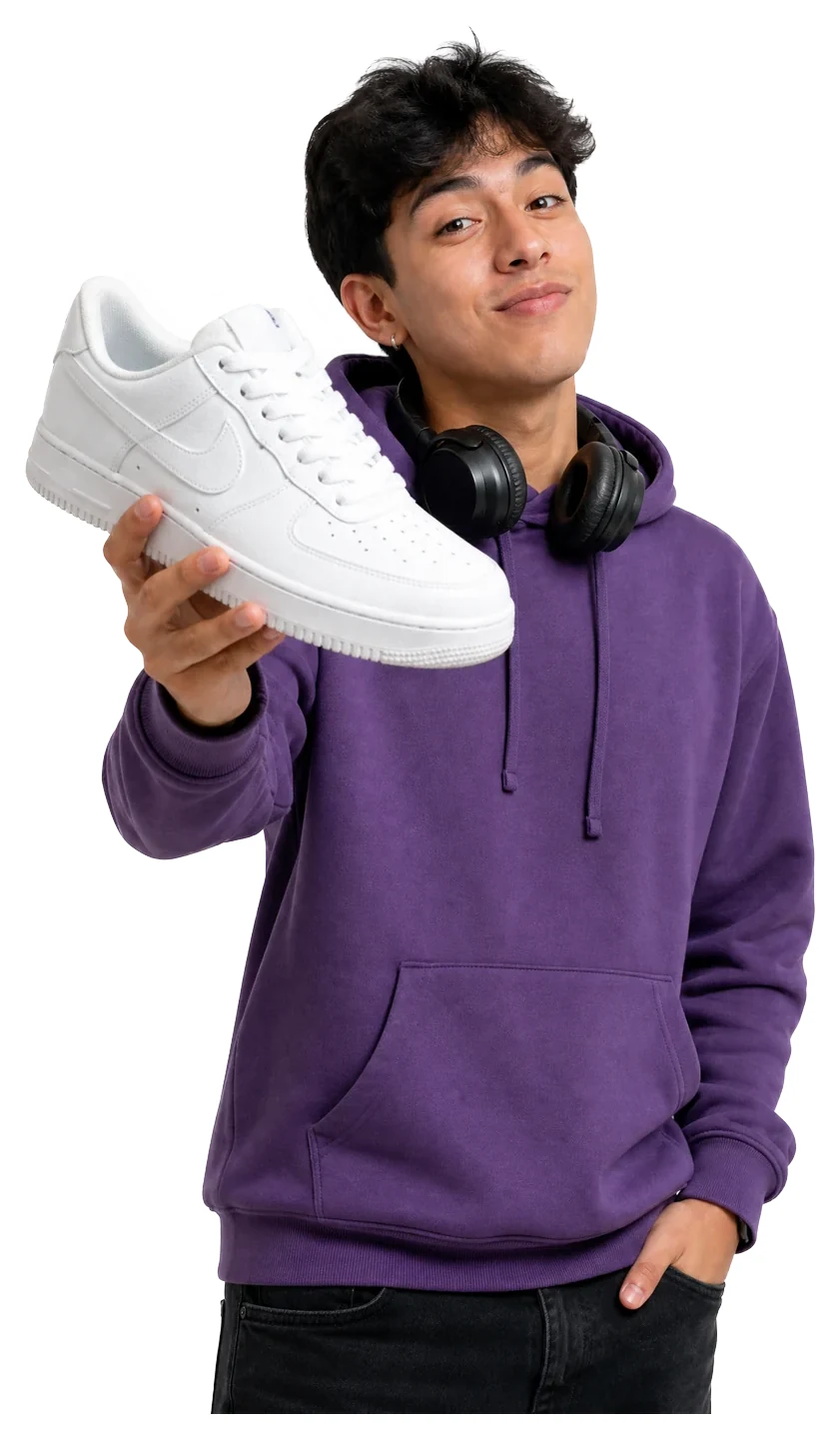 Creator showing a white sneaker to the camera