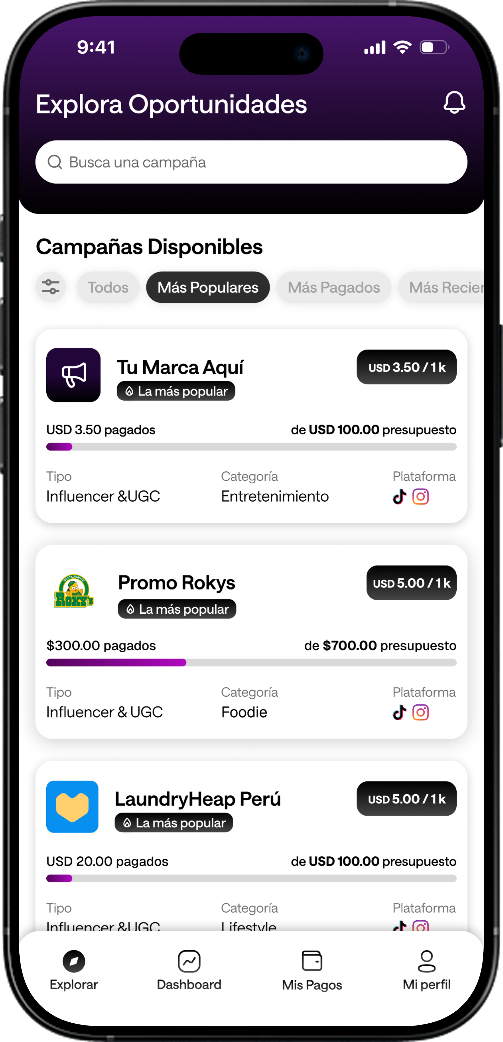 Listado de campañas activas en el dashboard de Inklop